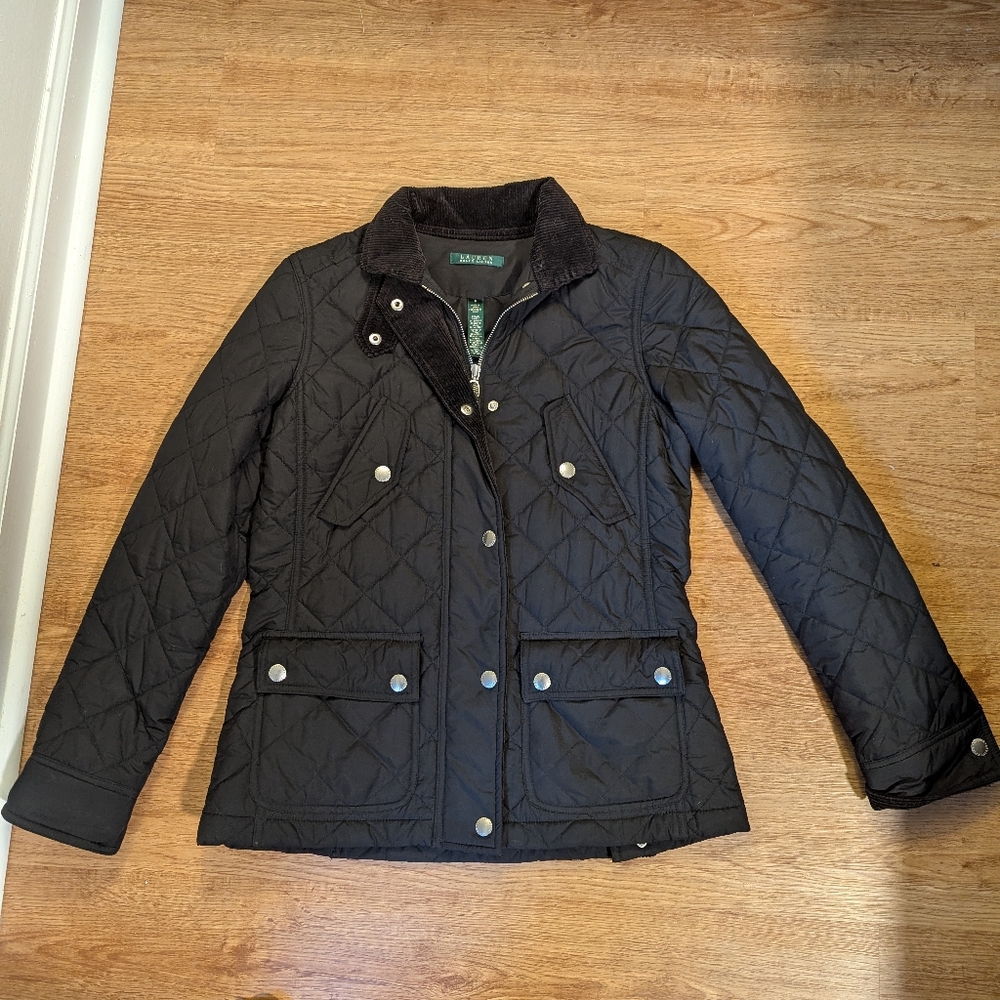 Lauren Ralph Lauren Women's Green Quilted Barn Jacket, Collar Snap Jacket Small